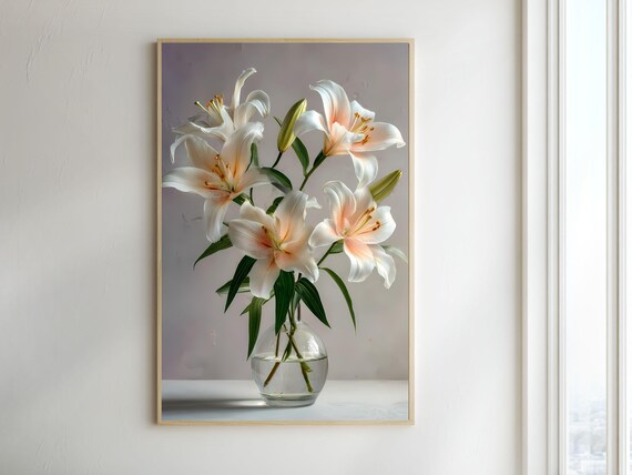 White Lily Flowers in a Clear Glass Vase Elegant Botanical Poster