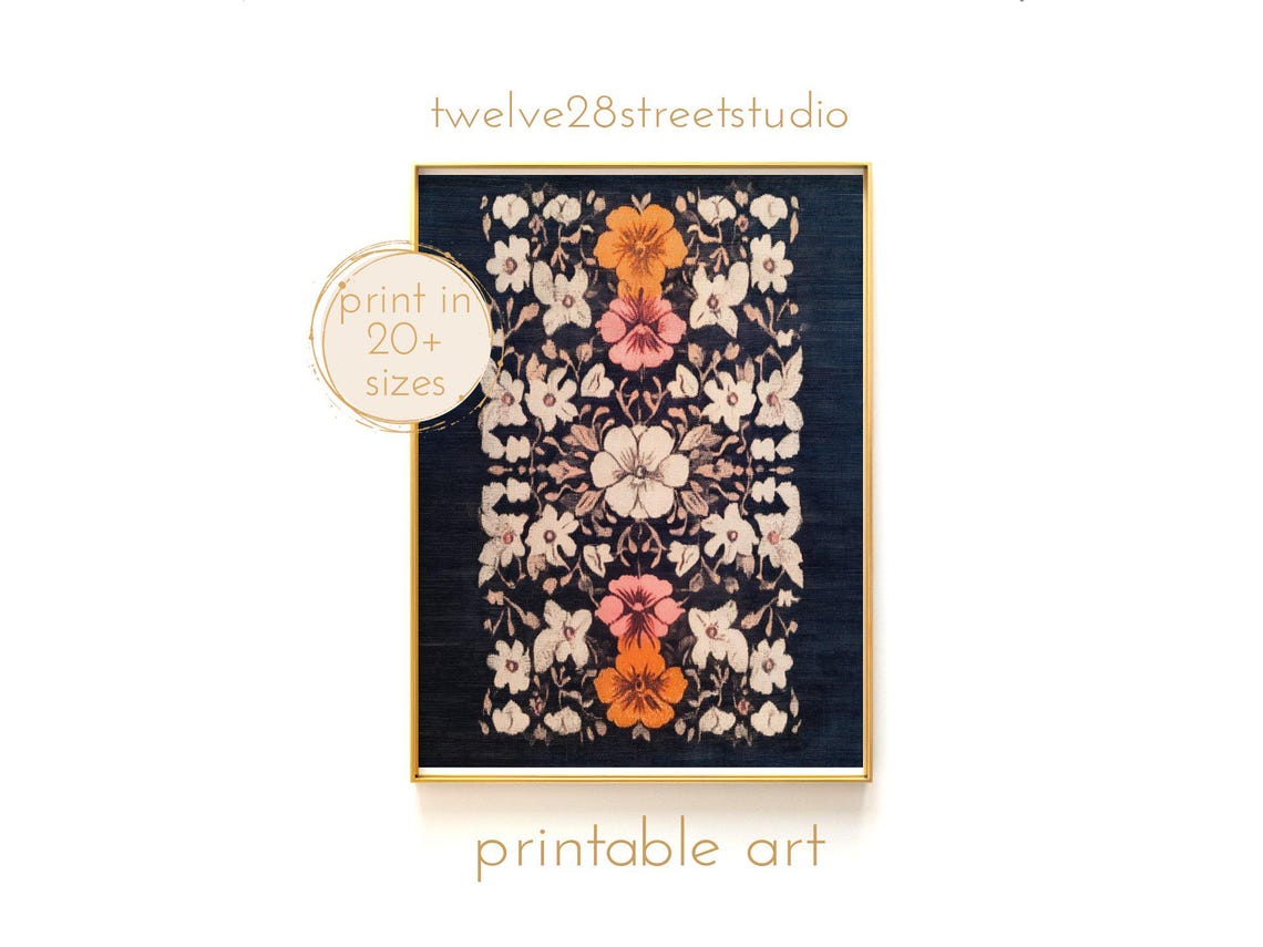 Vintage Floral Damask Pattern Navy Retro Textile Botanical Wall Art