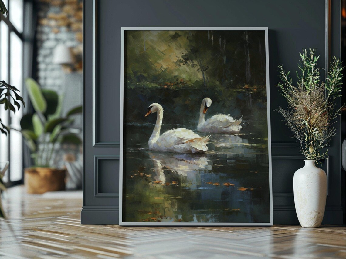 Two Swans On A Lake, Vintage Moody Wall Art Print - Image 3