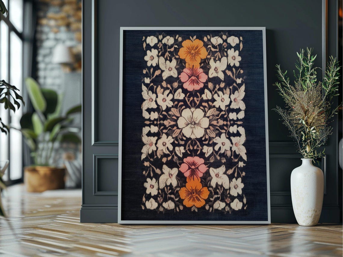 Vintage Floral Damask Pattern Navy Retro Textile Botanical Wall Art - Image 3