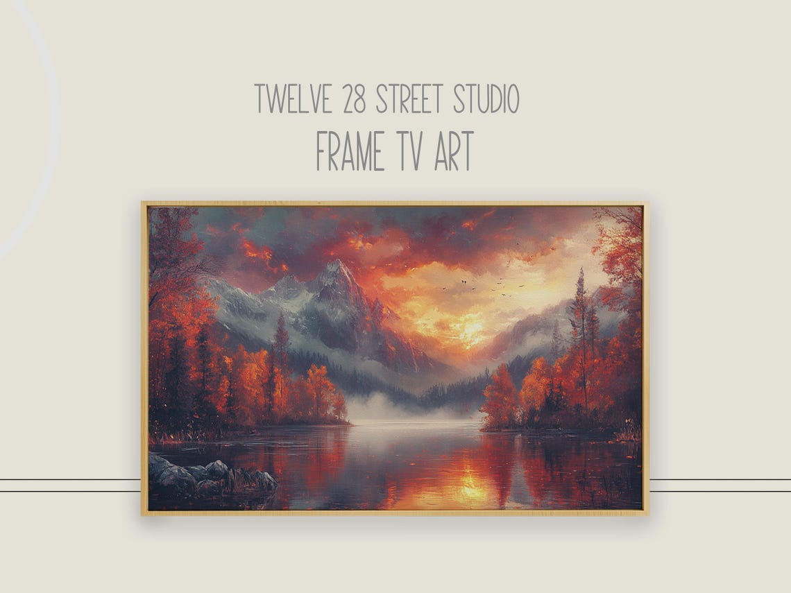 Fiery Autumn Mountain Lake Sunset Red Foliage Landscape Art Print