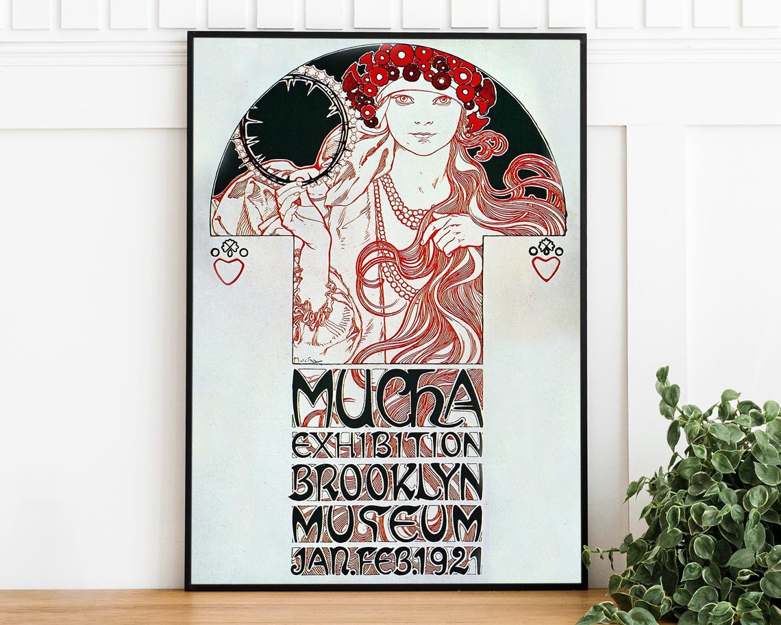 Mucha Exhibition Brooklyn Museum 1921 Art Nouveau Red Poster