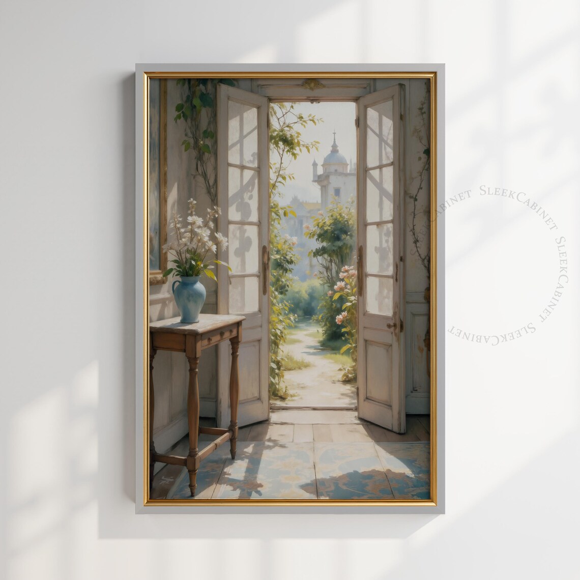 French Country Doorway, Sunlit Cathedral View Art Print