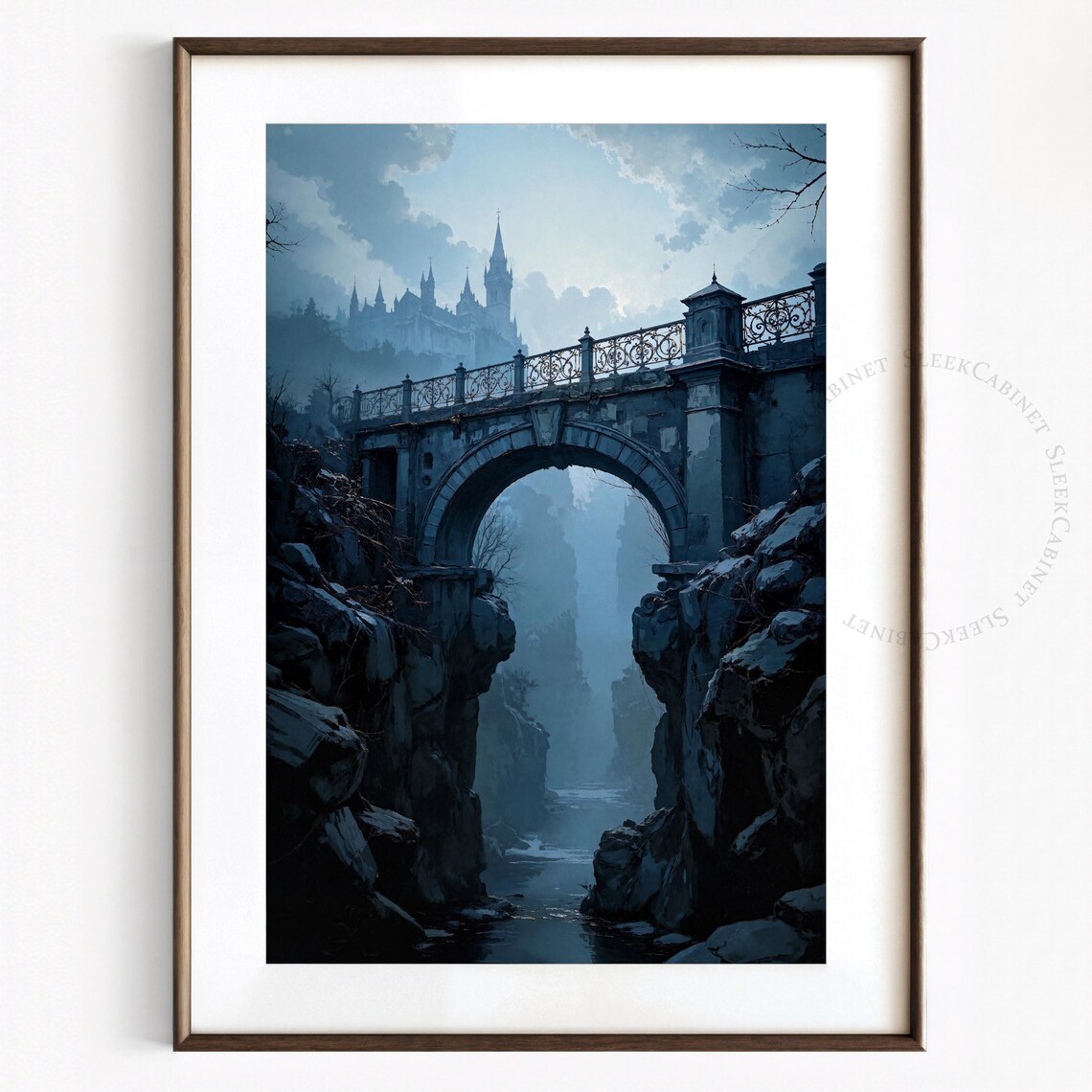 Misty Blue Stone Bridge to Castle Over Gorge Fantasy Art Poster - Image 2