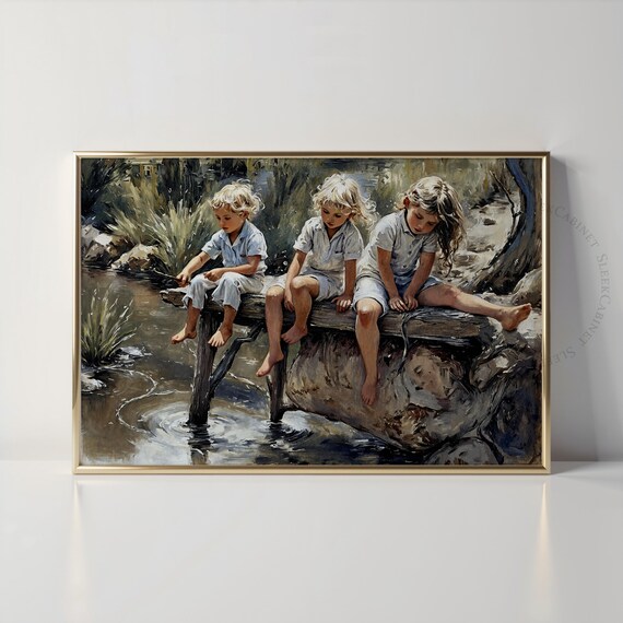 Barefoot Children Playing at Creek Summer Nostalgic Painting Poster