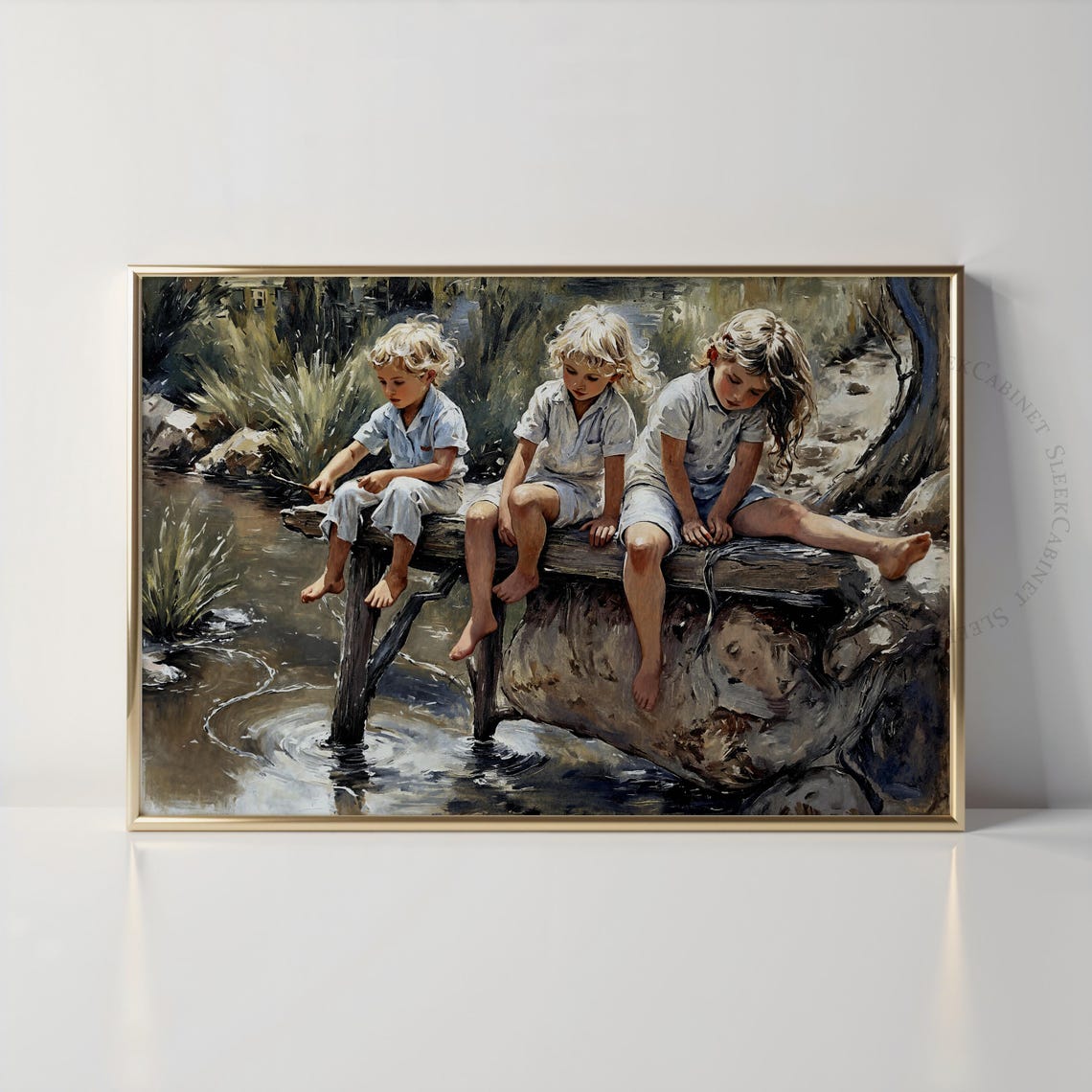 Barefoot Children Playing at Creek Summer Nostalgic Painting Poster