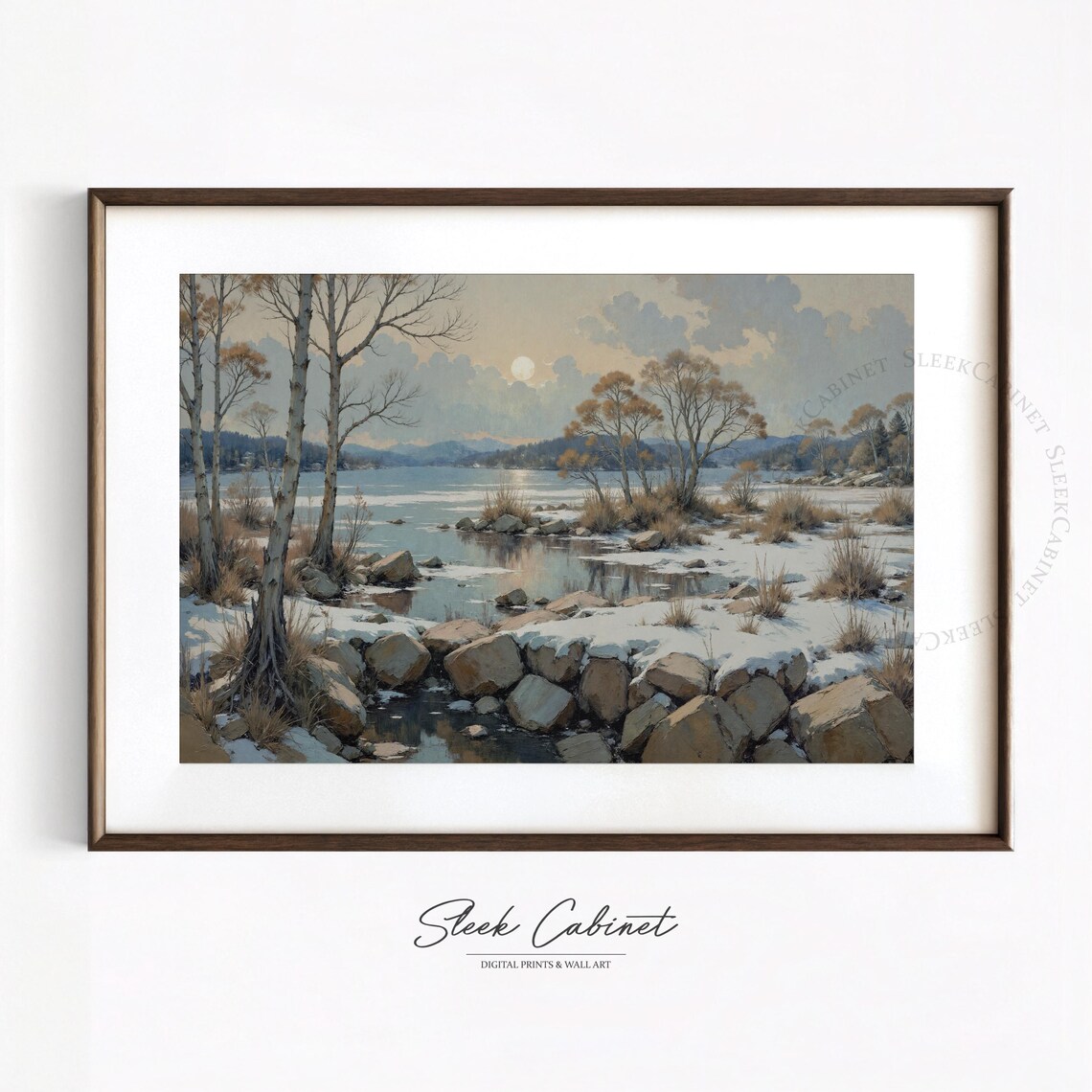Moonlit Winter Lake Rocky Shore Birch Trees Snow Landscape Poster - Image 2