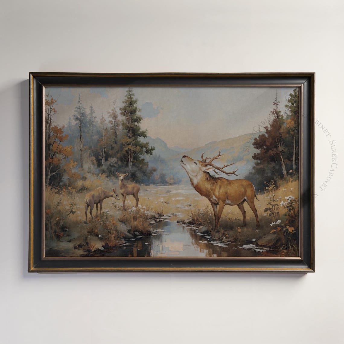 Bugling Elk Stag Deer Family Autumn Stream Wildlife Art Poster