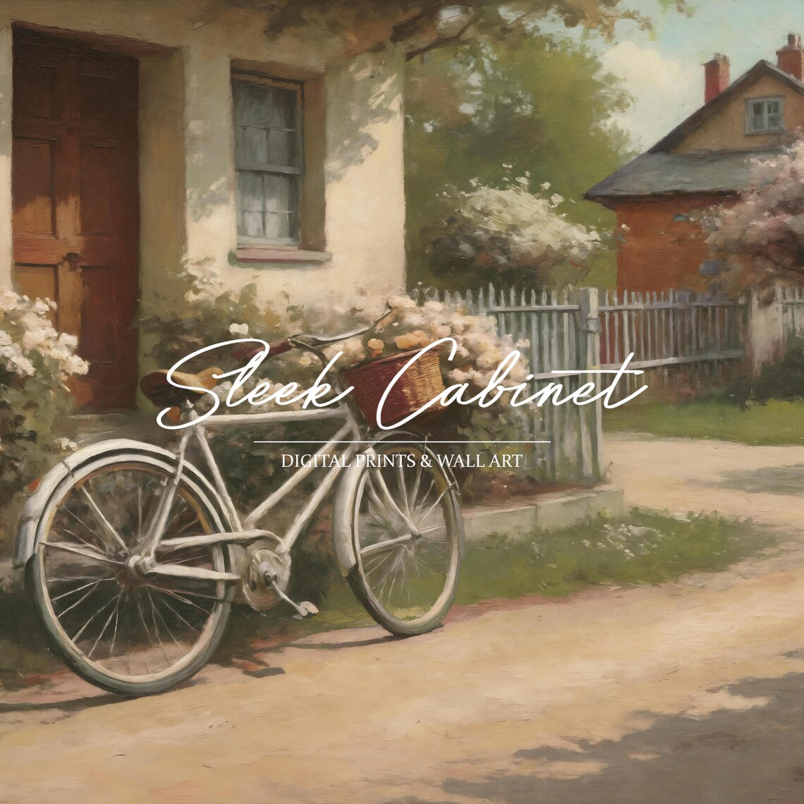 Bicycle In The Village Street Vintage Oil Painting Art Print - Image 4