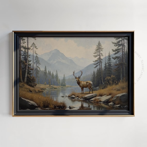 Majestic Stag Mountain Lake Pine Forest Vintage Wildlife Poster