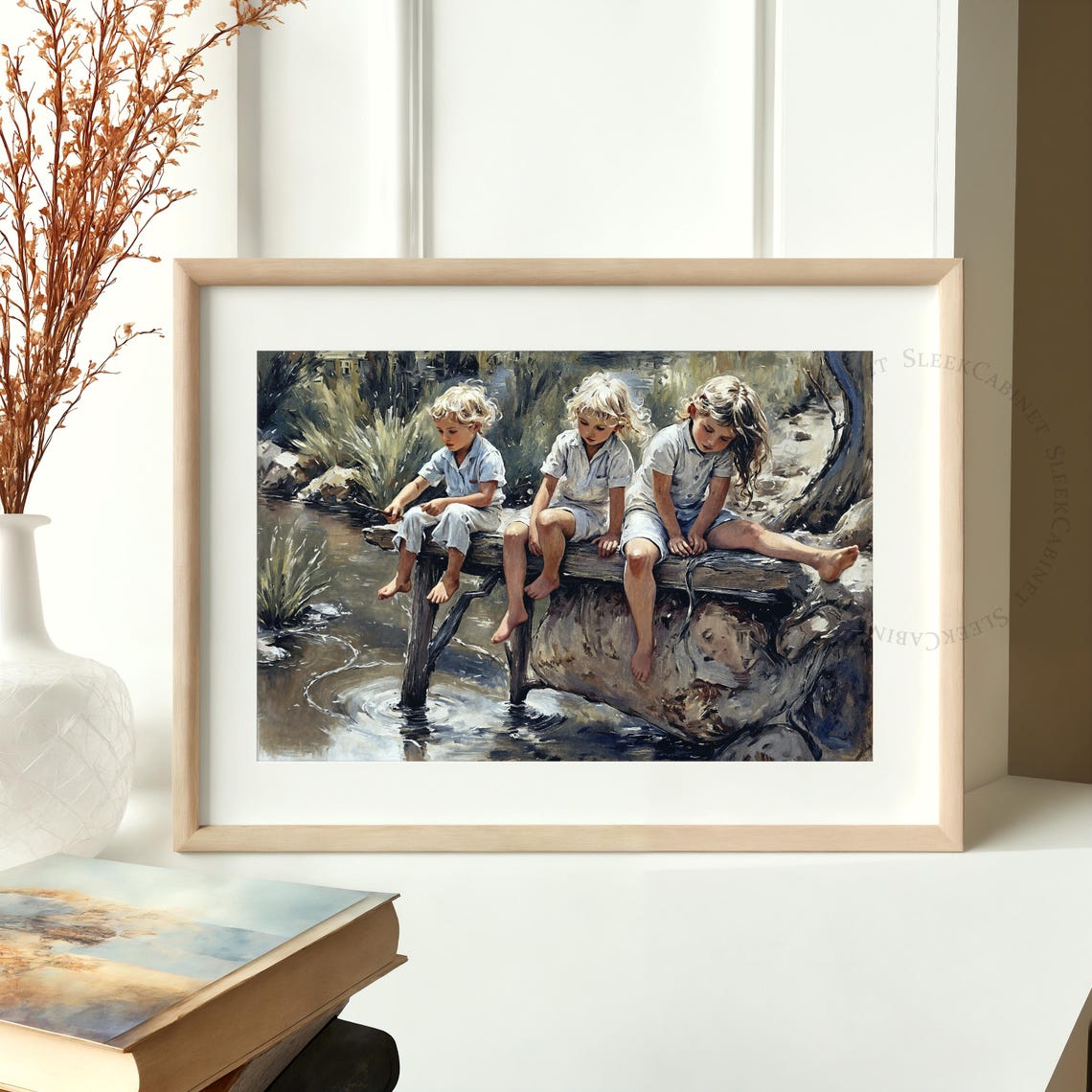 Barefoot Children Playing at Creek Summer Nostalgic Painting Poster - Image 2