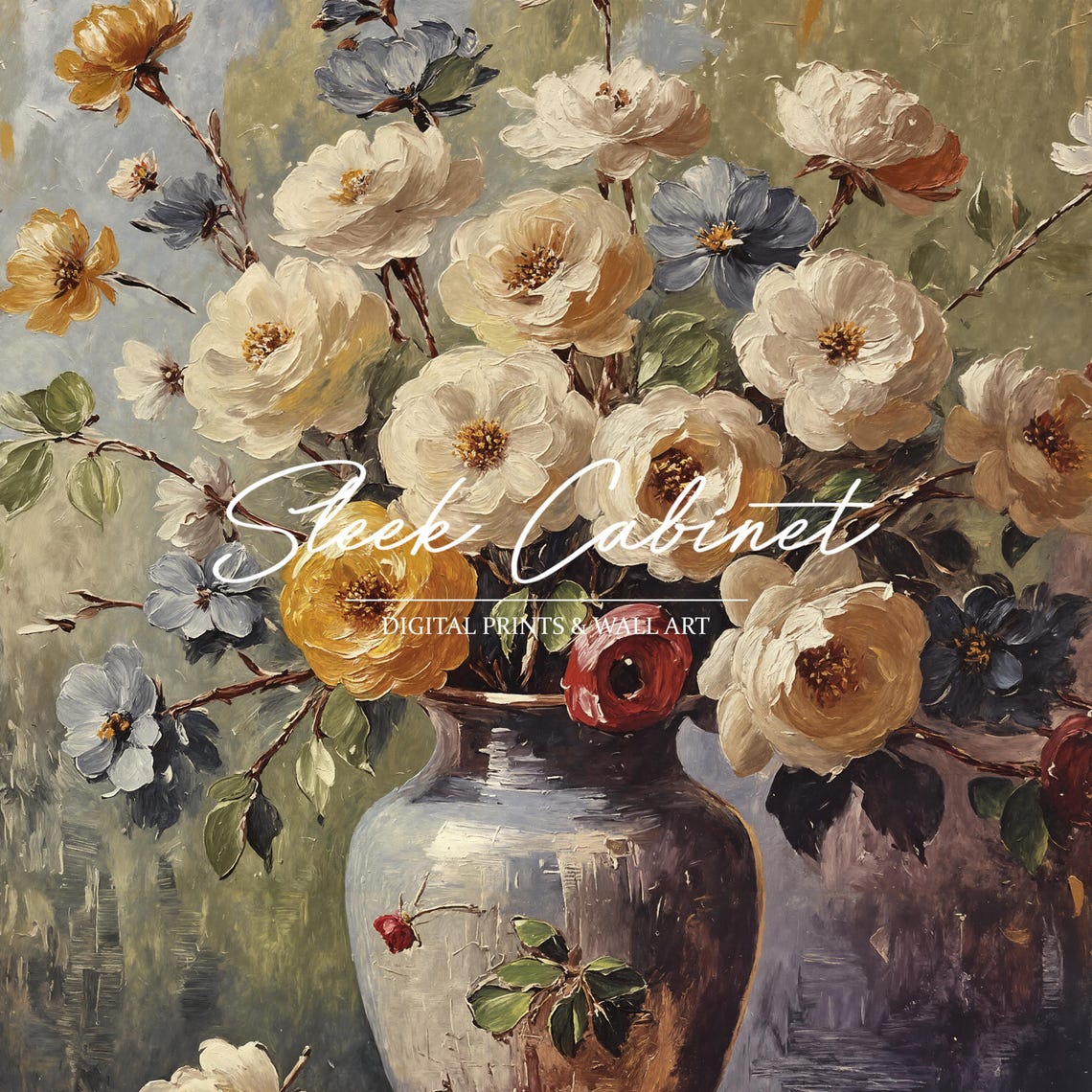 Mixed Bouquet White and Yellow Roses in Vase Vintage Floral Poster - Image 4