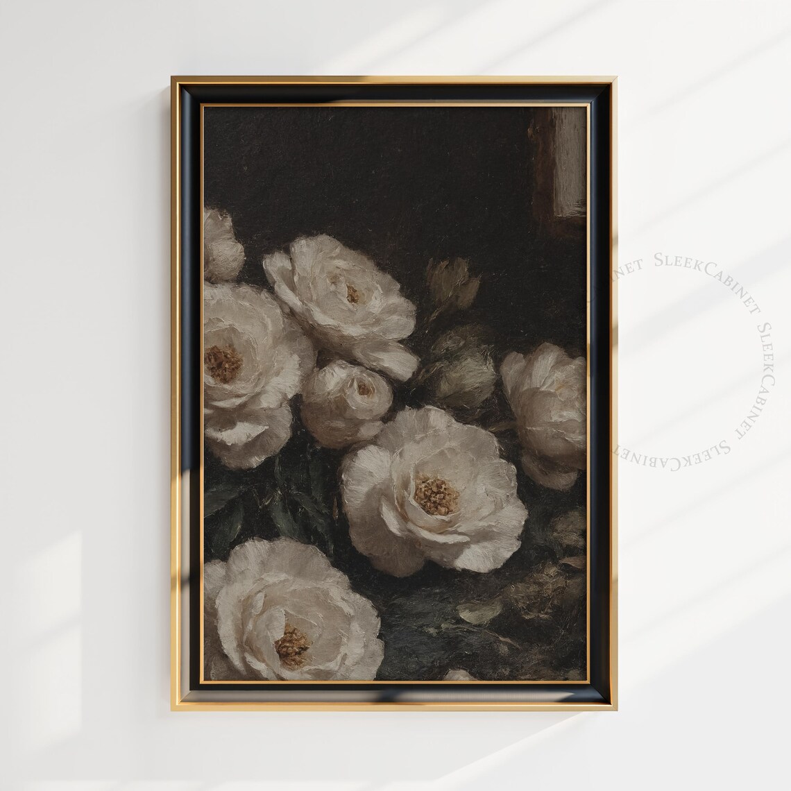 White Roses Dark Background Vintage Impasto Floral Oil Painting Poster