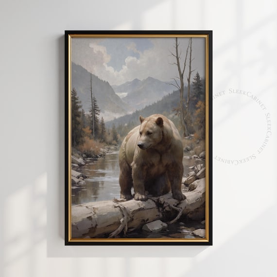 Brown Bear on Fallen Log River Mountain Valley Wildlife Poster
