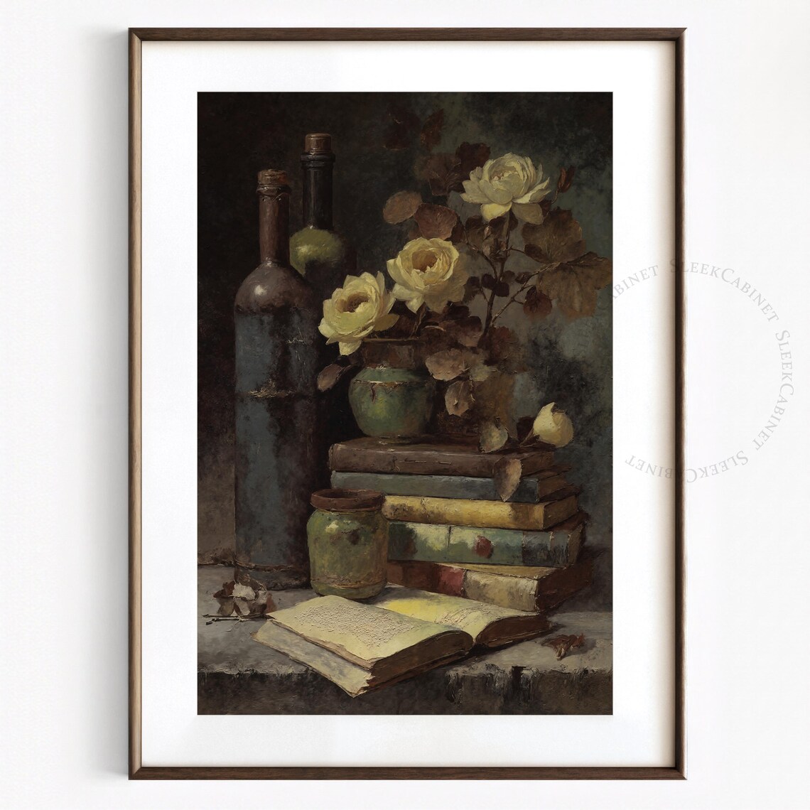 Dark Academia Books Bottles Cream Roses Still Life Art Poster - Image 2