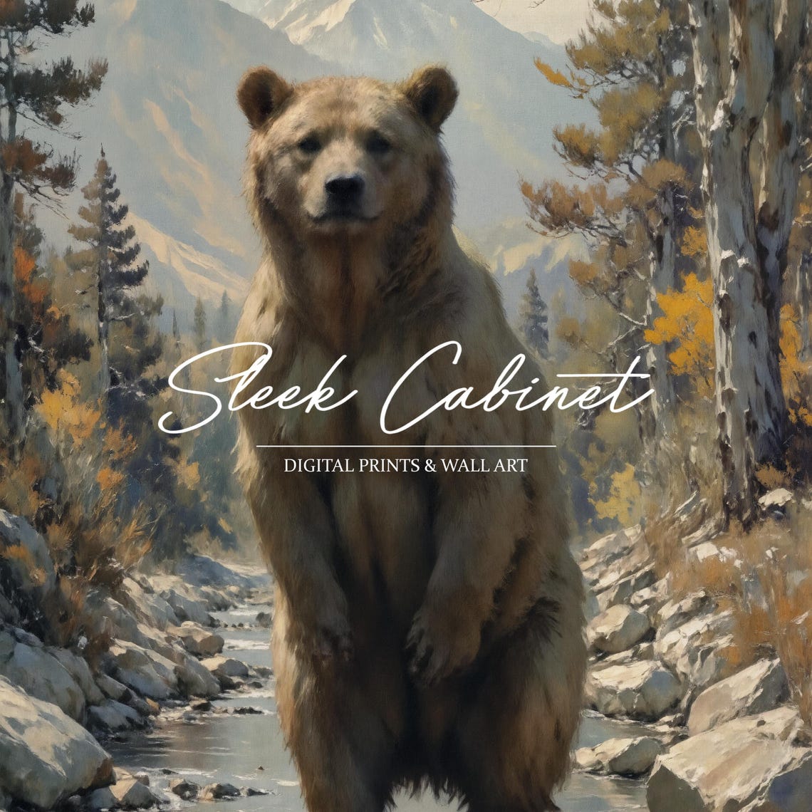 Brown Bear Standing Mountain Stream Pine Peaks Wildlife Poster - Image 4