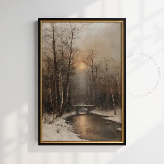 Winter Landscape Art Print Forest River Bridge Painting Sunset Nature Wall Decor Moody Snow Scene Woodland Home Artwork Zixyd