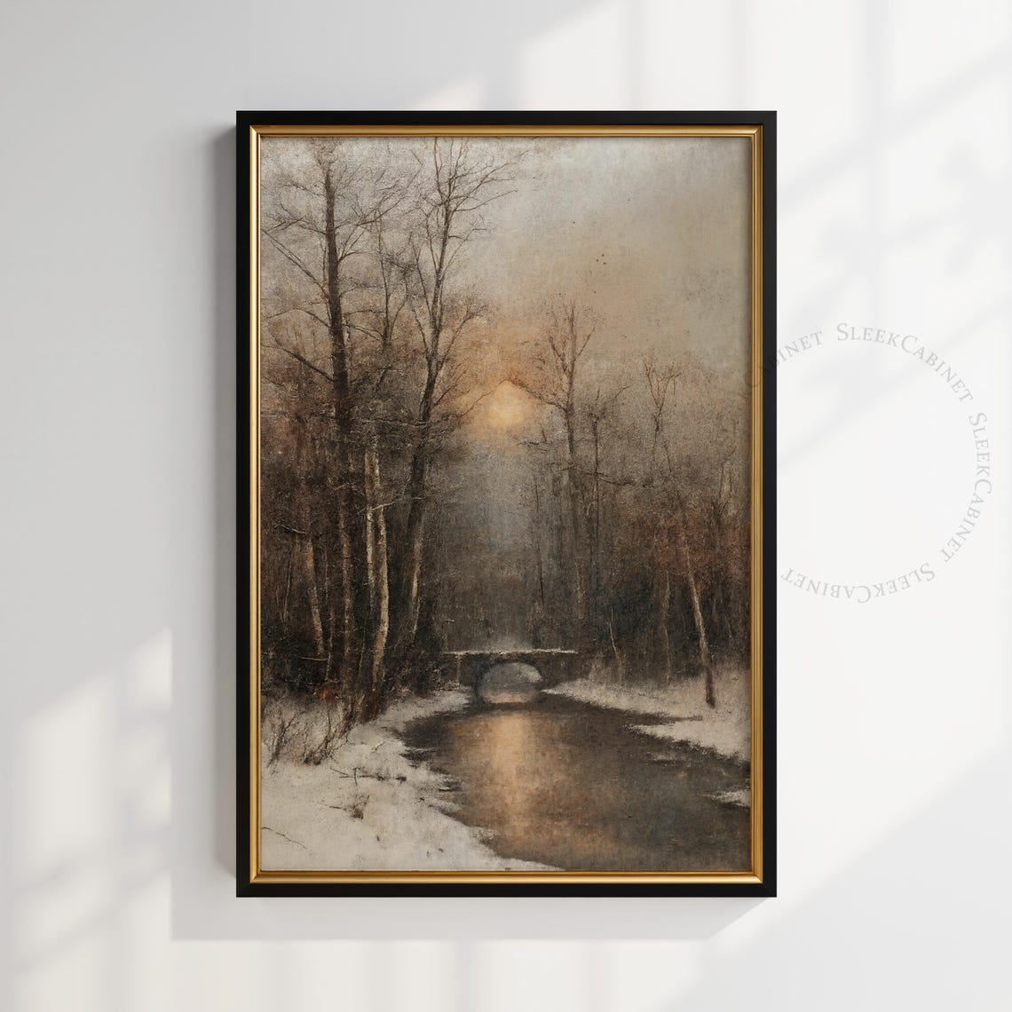 Misty Forest River Stone Bridge Dusk Tonalist Painting Poster