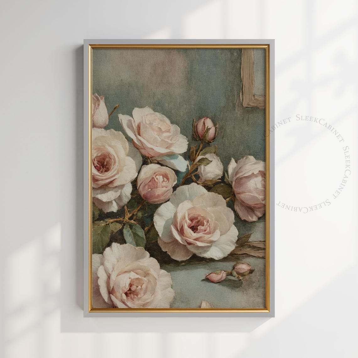 Elegant White Roses on Sage Vintage Botanical Still Life Print - Image 2