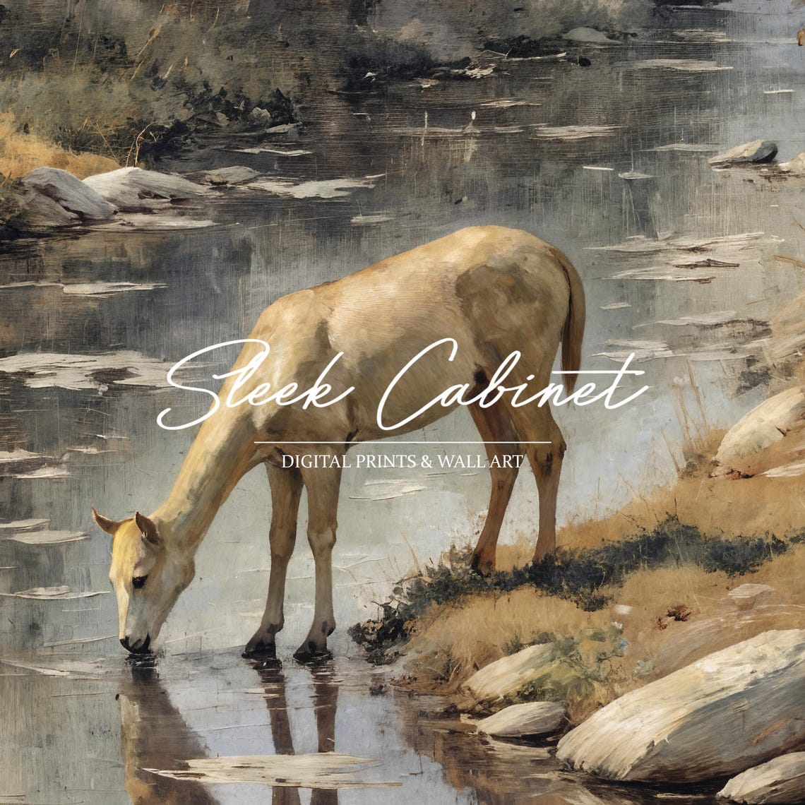 Deer Drinking Forest Stream Birch Trees Nature Painting Poster - Image 3