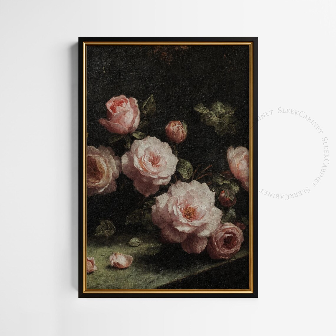 Moody Vintage Blush Roses Still Life Dark Floral Oil Painting Poster - Image 2