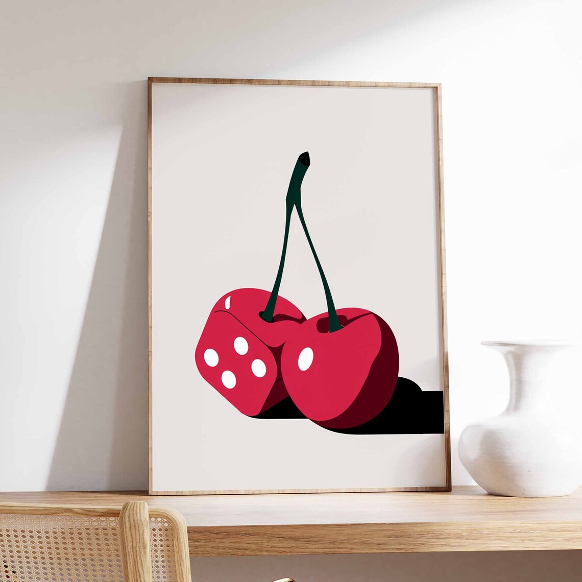Cute Red Dice and Cherry Long Stems Retro Pop Art Fruit Poster