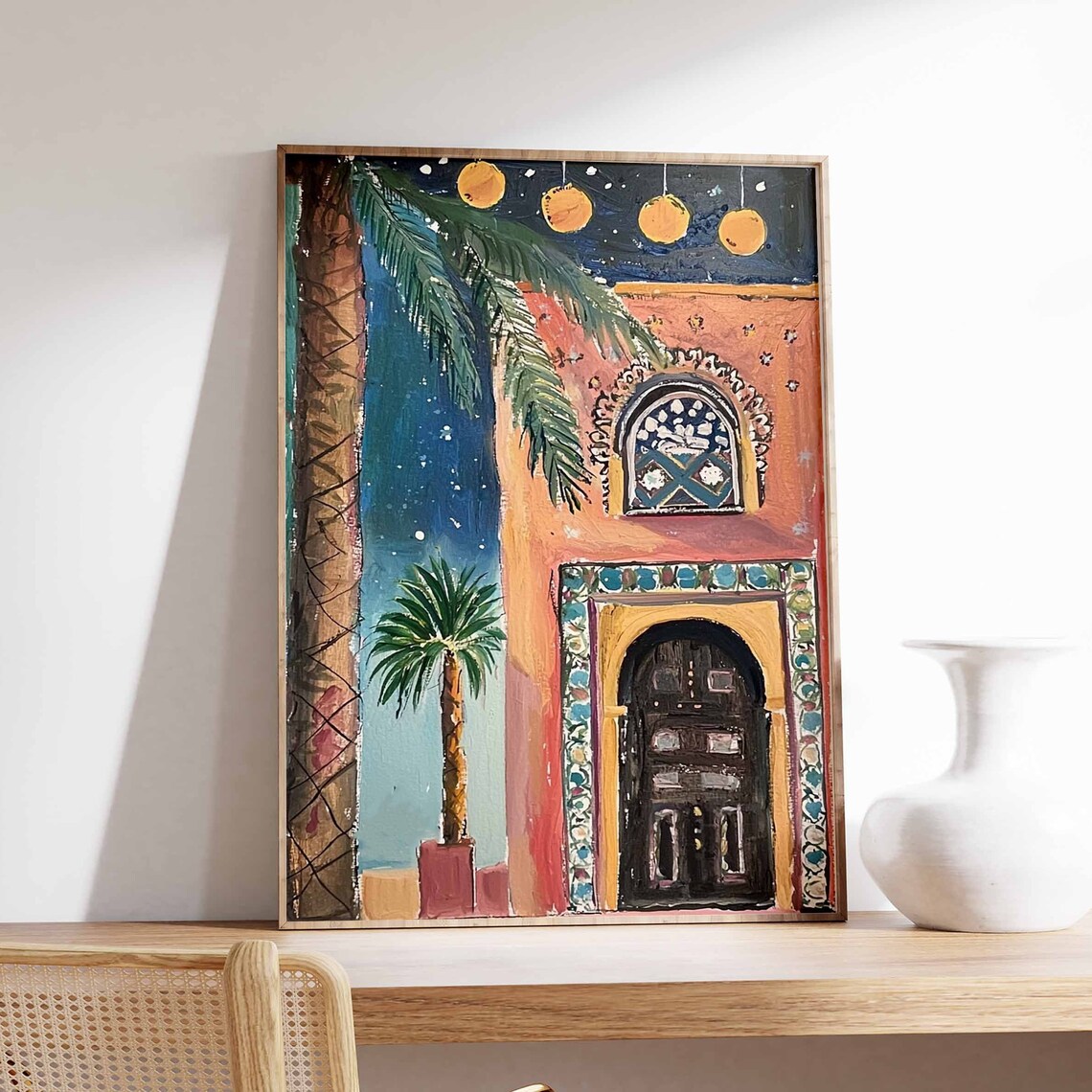 Moroccan Night Scene Palm Lanterns Starry Sky Doorway Art Poster