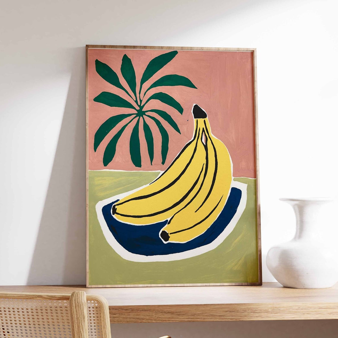 Bananas On Blue Plate With Palm Frond Modern Fruit Art Poster
