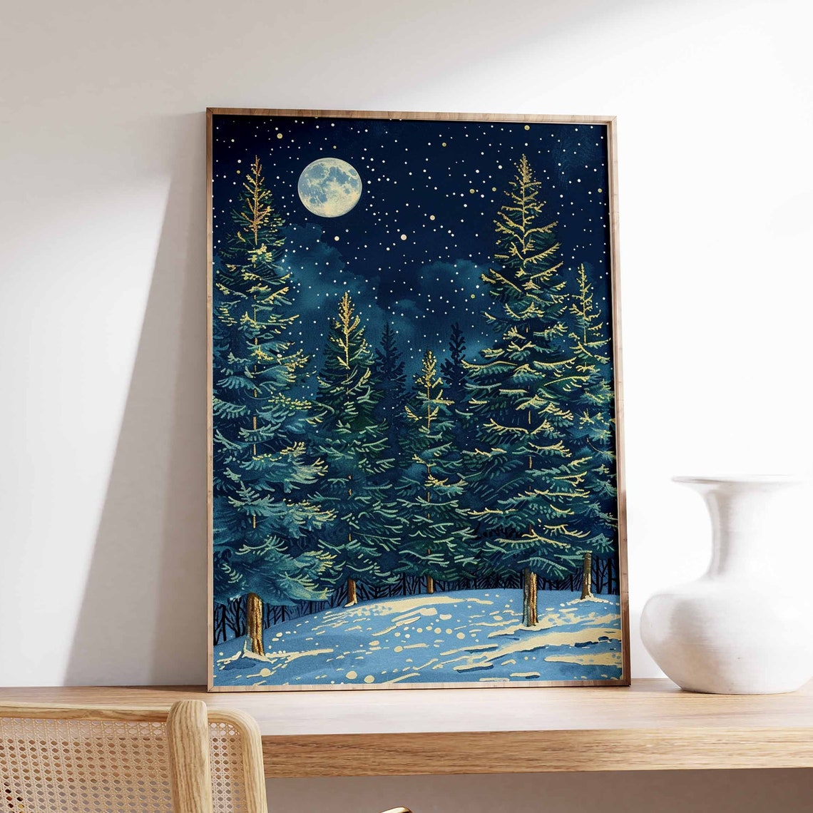 Bright Full Moon Over Snowy Pine Forest Starry Winter Night Poster