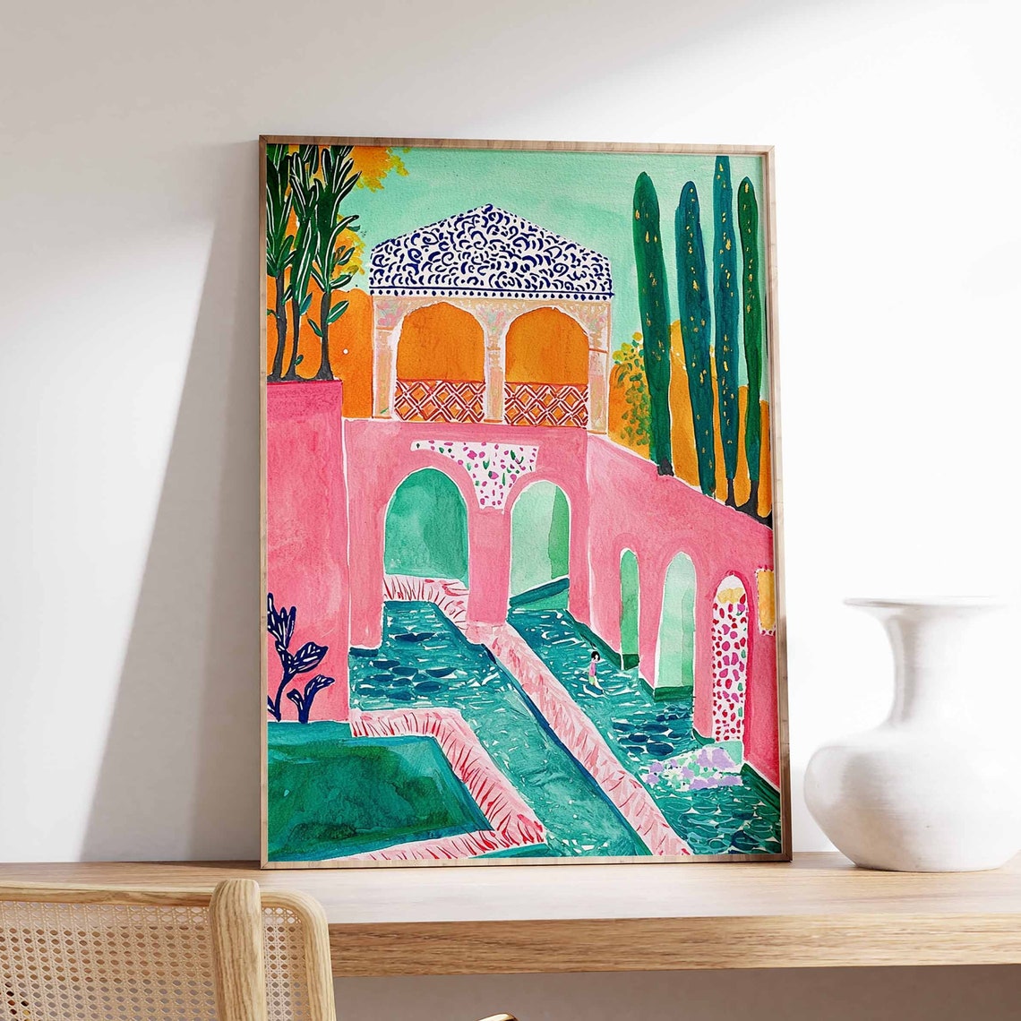 Pink Moroccan Pavilion Patterned Roof Water Channel Art Print