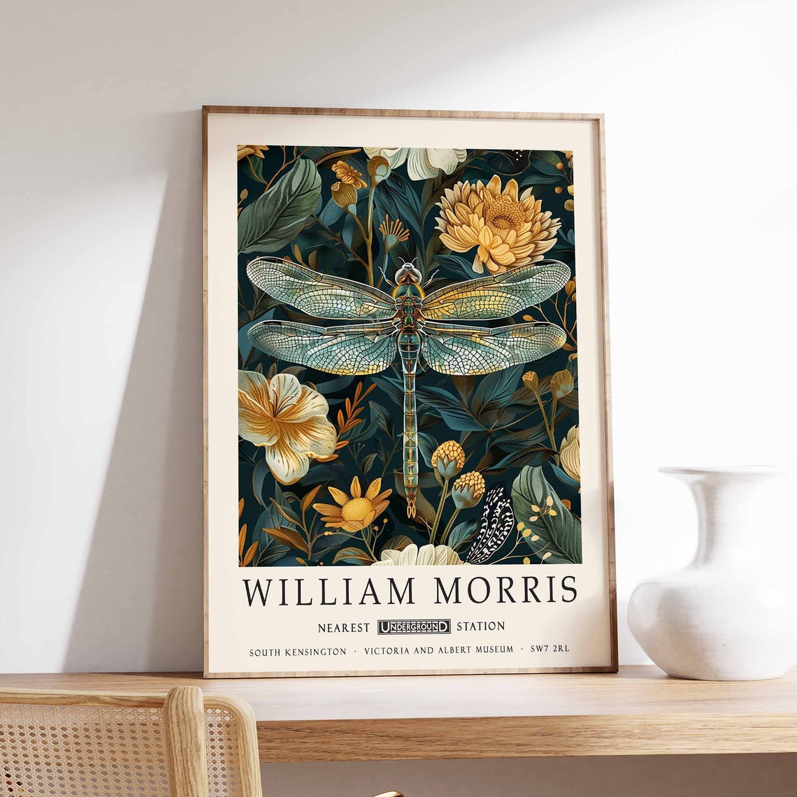 William Morris Dragonfly Dark Botanical Floral Art Decor Poster