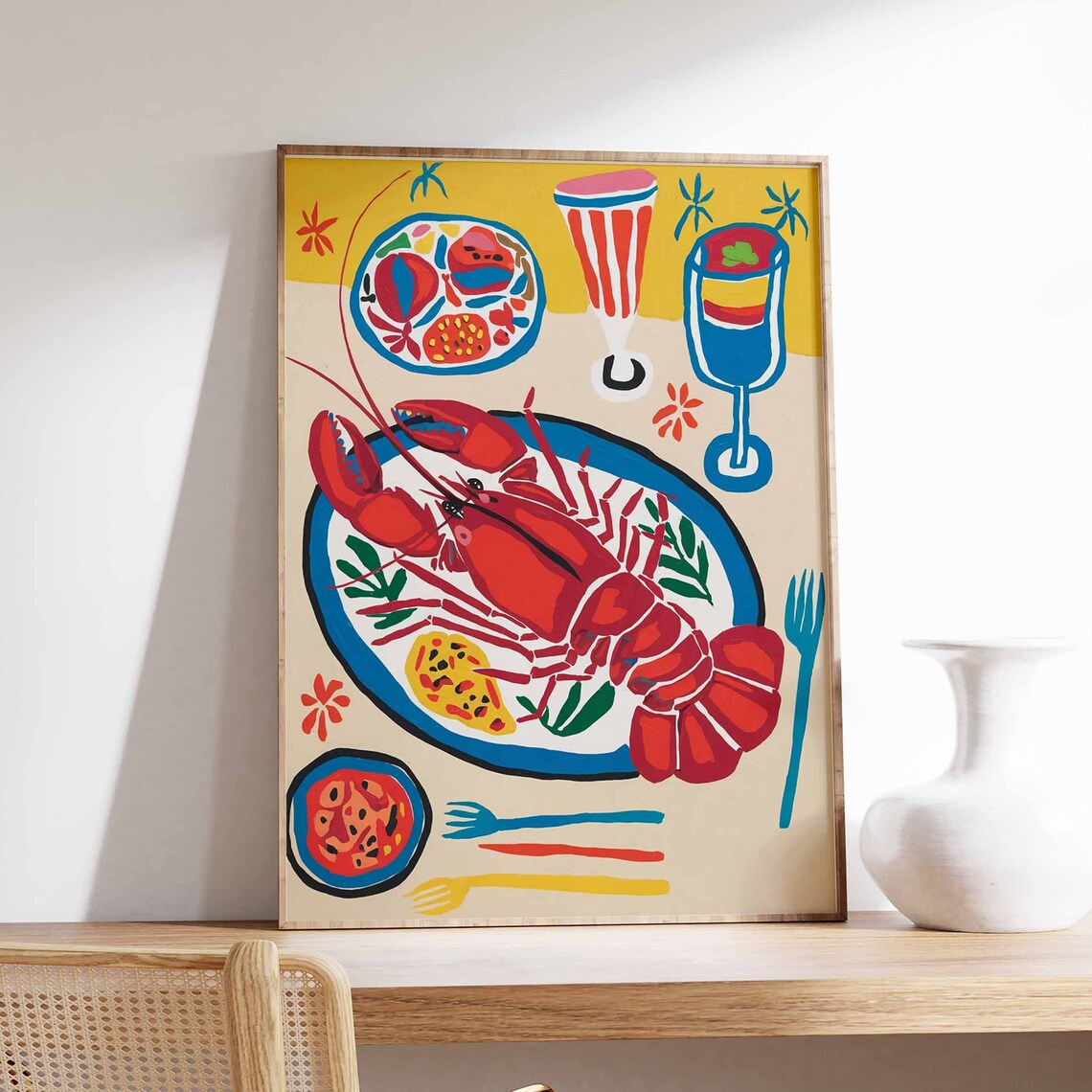 Cooked Red Lobster Feast With Cocktails Festive Food Art Poster