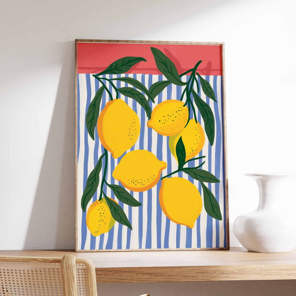 Lemon Branch on Blue White Stripes Citrus Kitchen Art Poster