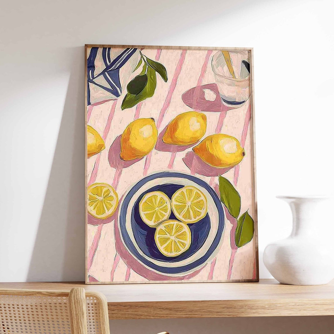 Colorful Lemon Picnic Pink Striped Cloth Summer Kitchen Art Poster