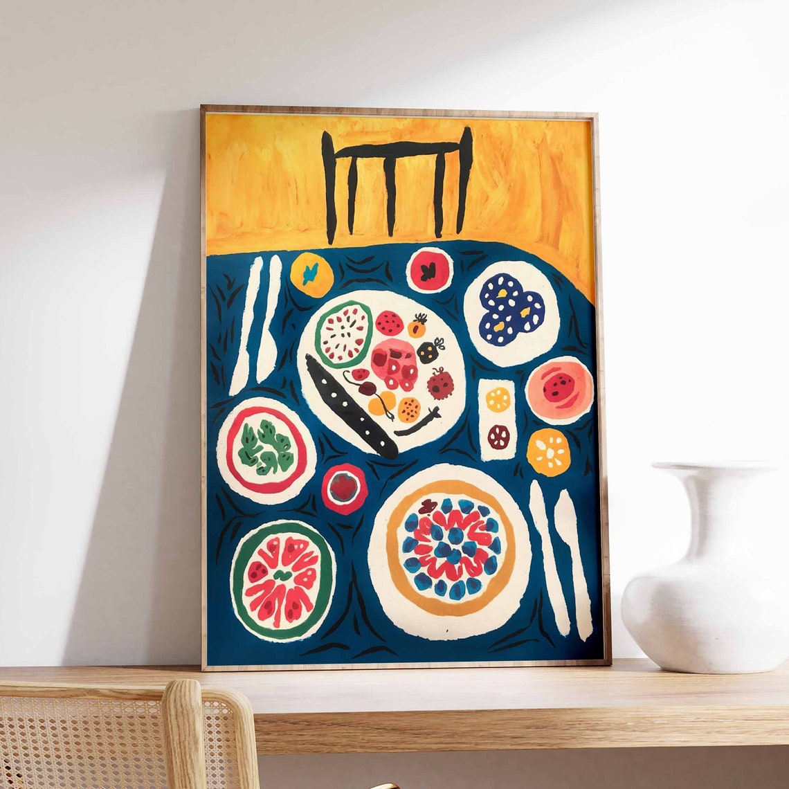 Blue Dinner Table Setting With Fruit And Plates Modern Art Poster