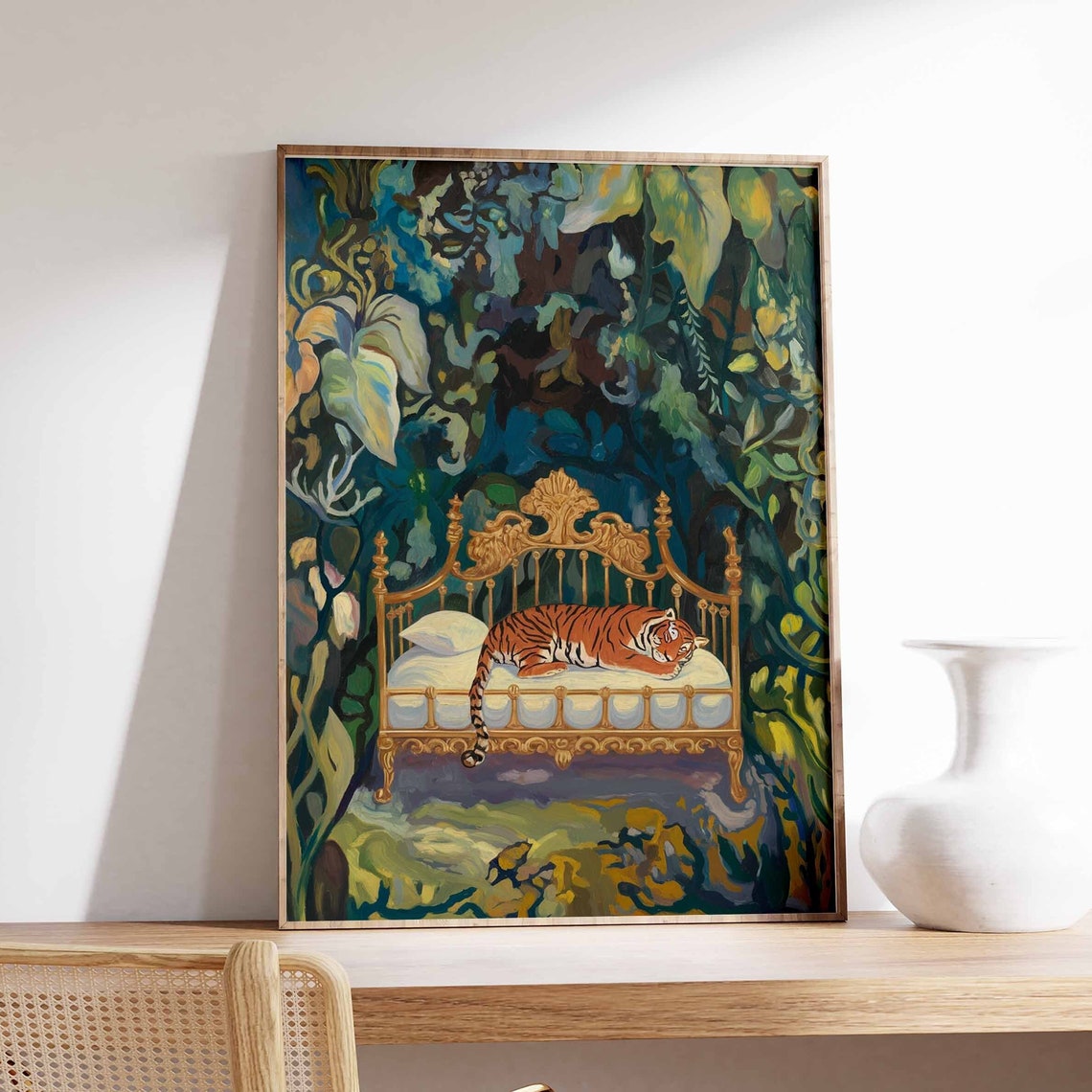 Sleeping Baby Tiger on Brass Bed in Painted Jungle Art Poster