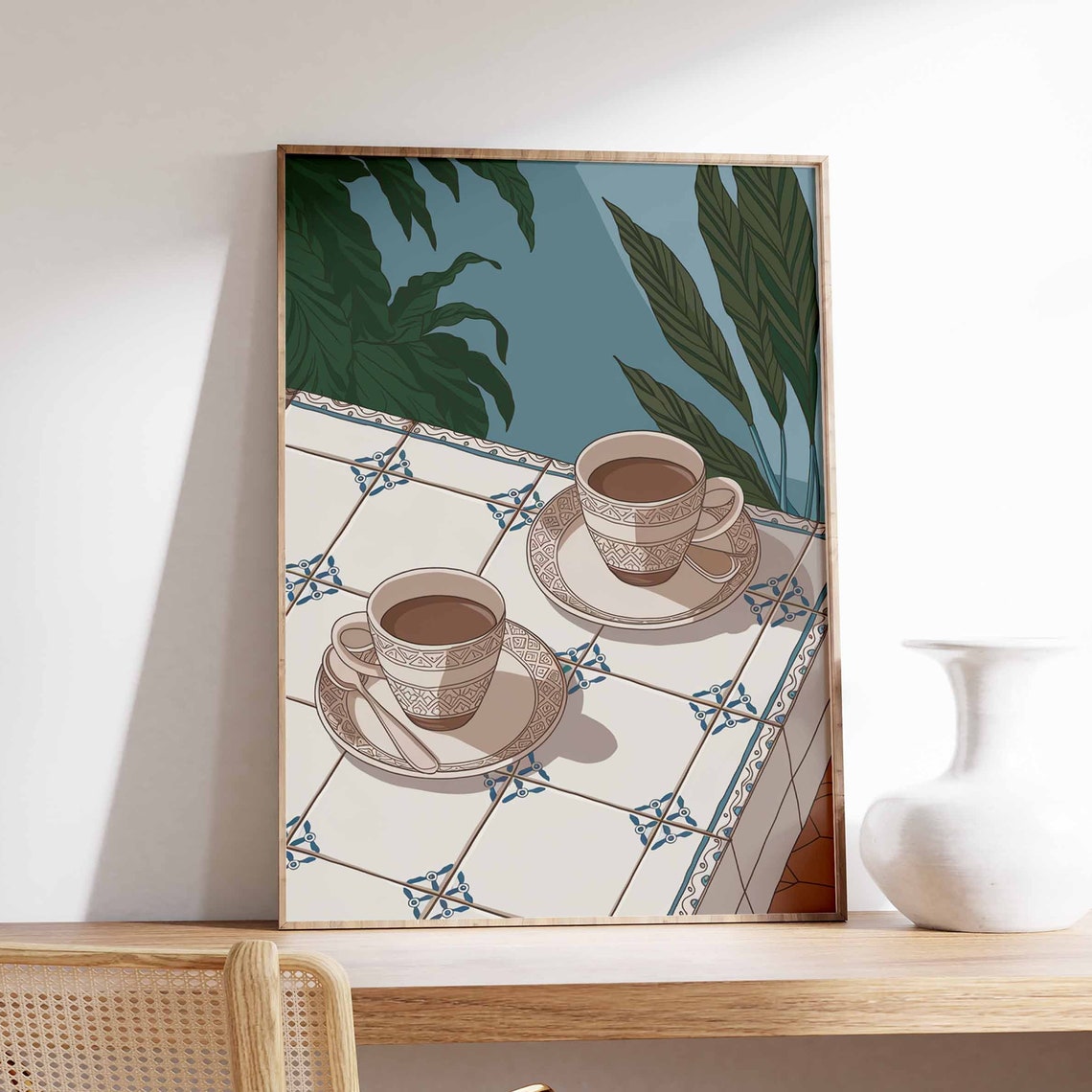 Two Coffee Cups on Tile Table Green Botanical Cafe Art Poster