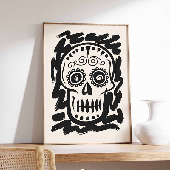 Black Sugar Skull Bold Brushstroke Dia De Los Muertos Poster