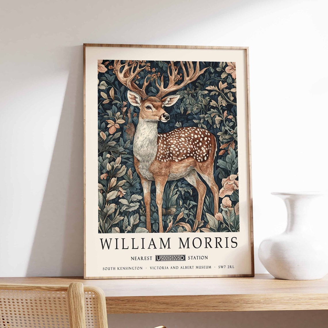 William Morris Spotted Deer in Dark Leafy Foliage Illustration Poster