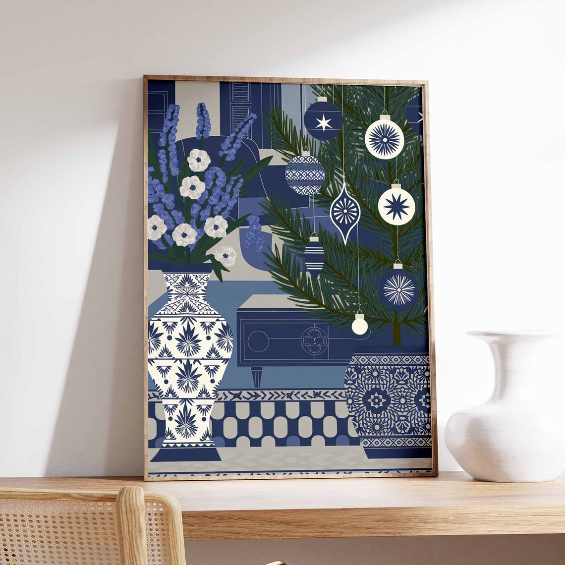 Chinoiserie Christmas Still Life With Blue Vases And Flowers Poster