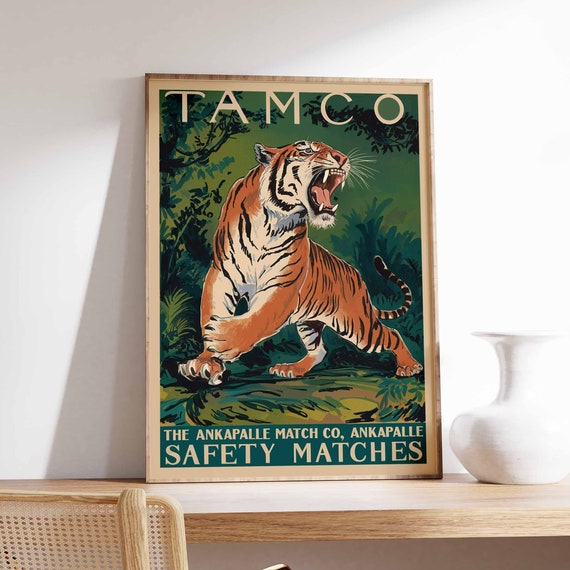 Vintage Tiger Print Indian Tiger Poster Tamco Matchbox Art Animal Print Animal Poster Animal Art Tropical Decor Jungle Art Tiger Art