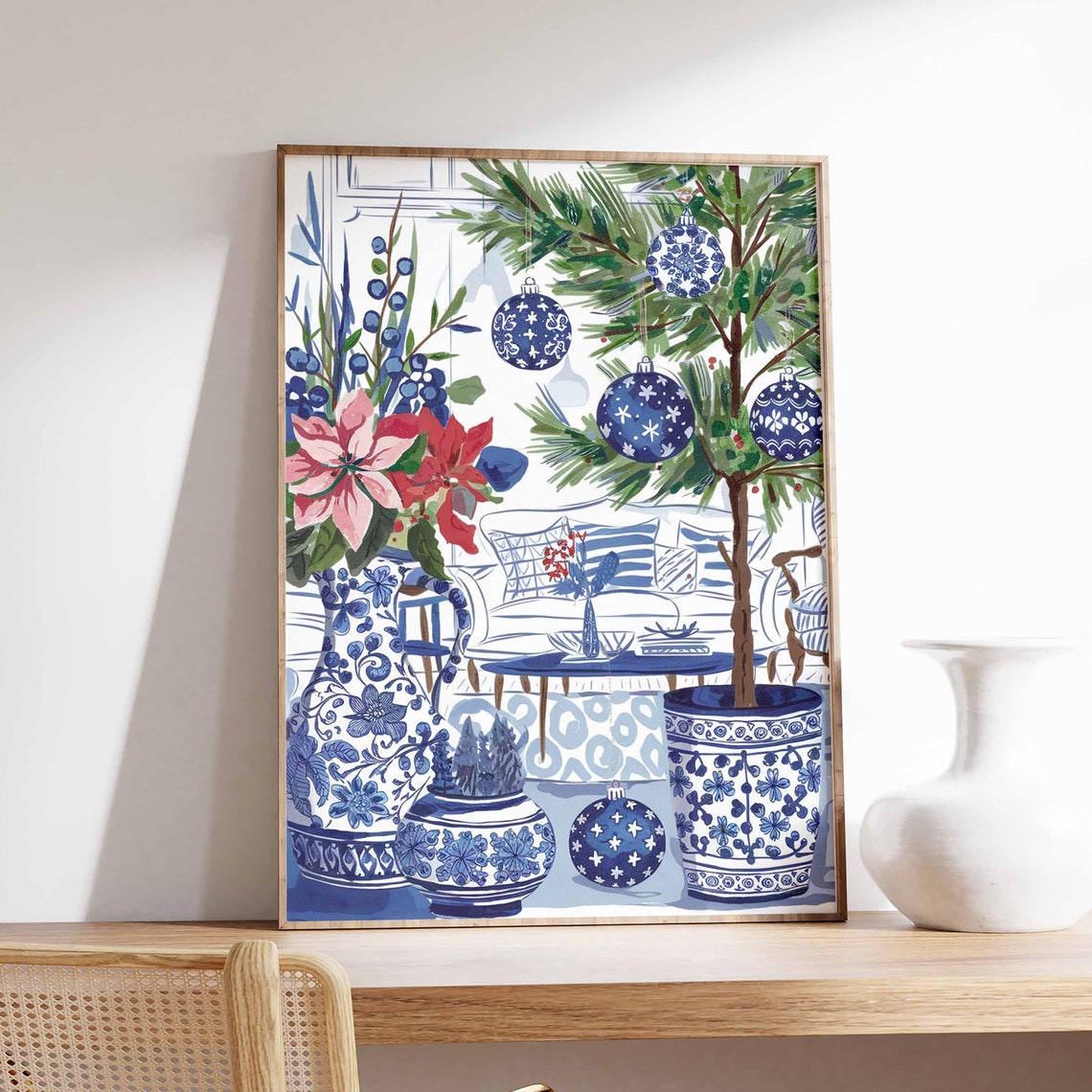 Chinoiserie Christmas Tree Blue Porcelain Ornaments Art Poster