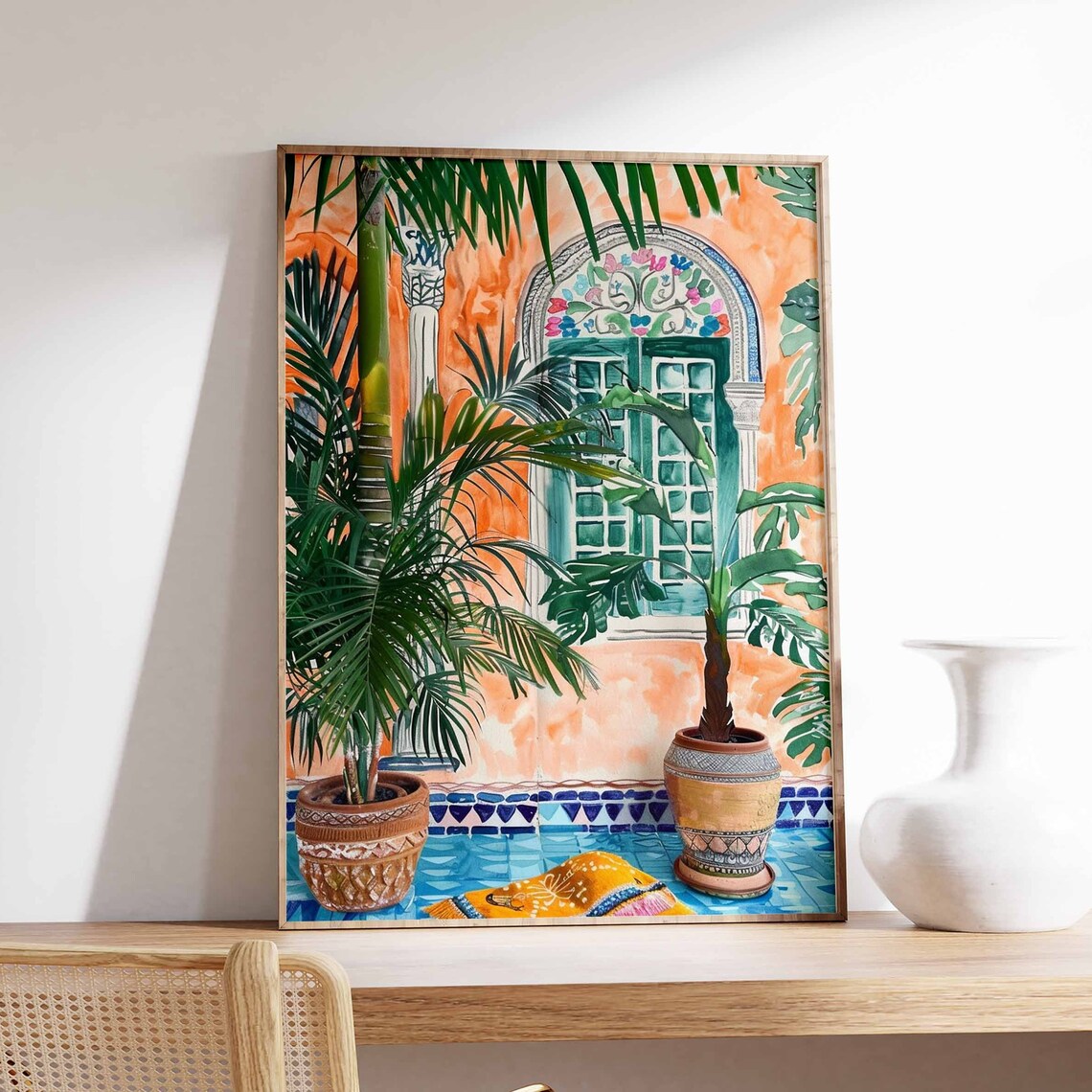 Moroccan Arched Doorway Floral Arch Potted Palms Blue Tile Wall Print