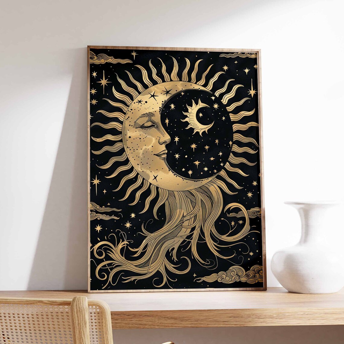Golden Crescent Moon Cradling Radiant Sun In Starry Night Poster