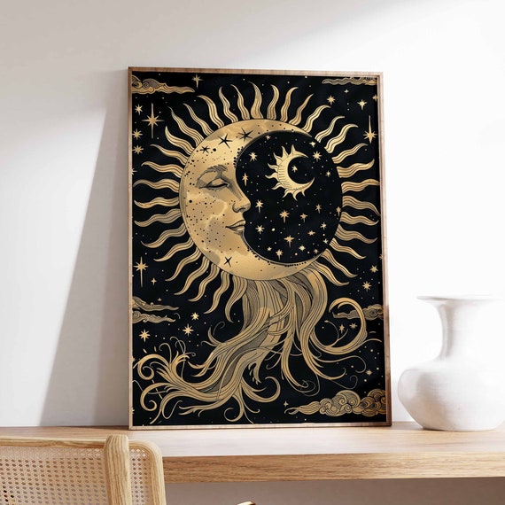Sun And Moon Poster Celestial Poster Spiritual Decor Vintage Poster Retro Print 70s Poster Boho Poster Mystical Art Meditation Art