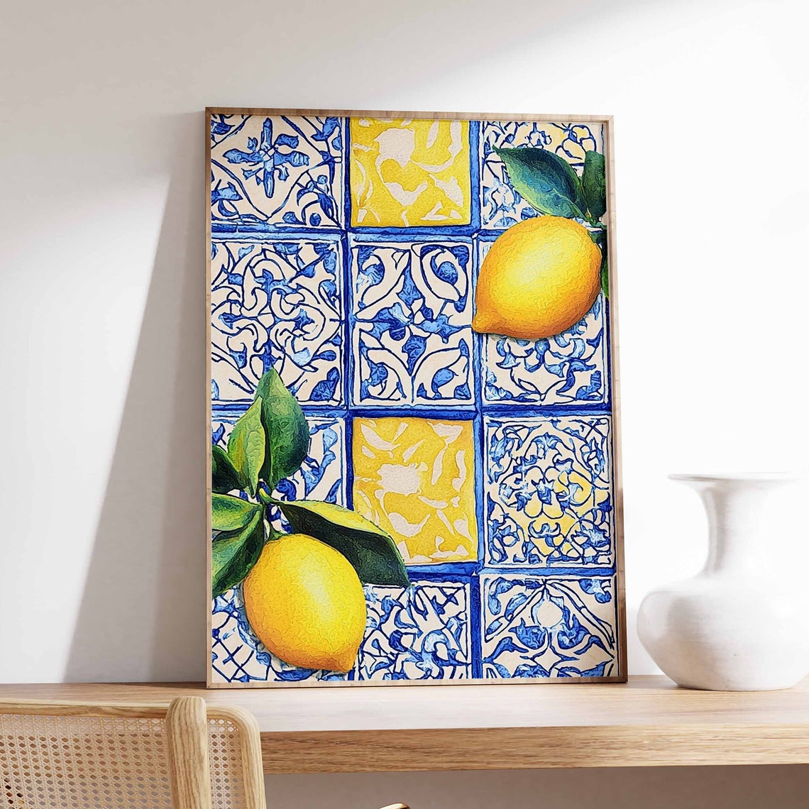 Retro Blue White Tile Lemon Branch Citrus Kitchen Tropical Poster