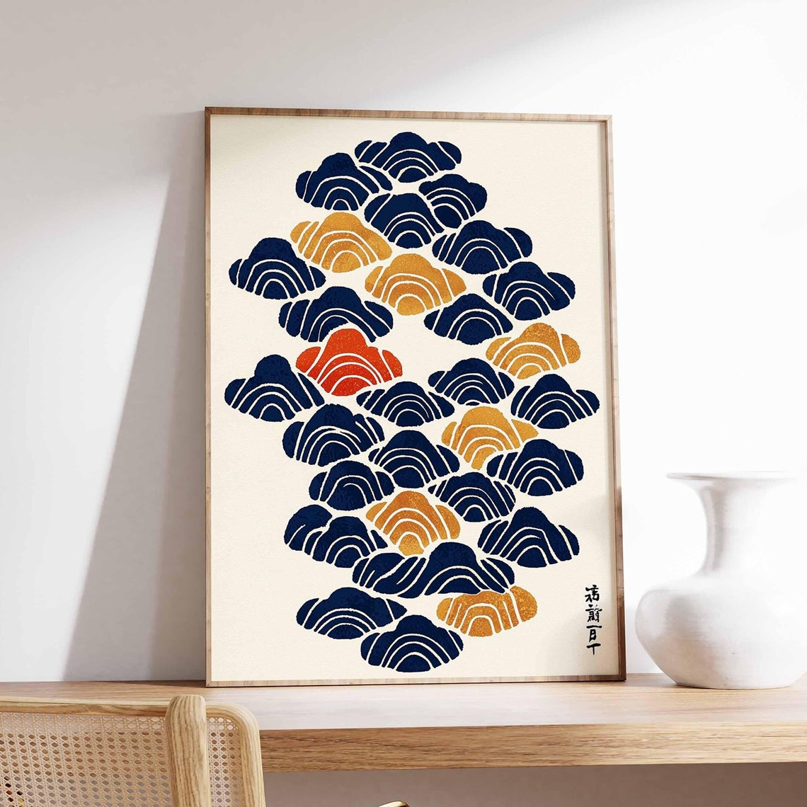 Japanese Wave Cloud Pattern Indigo Gold Retro Style Art Poster
