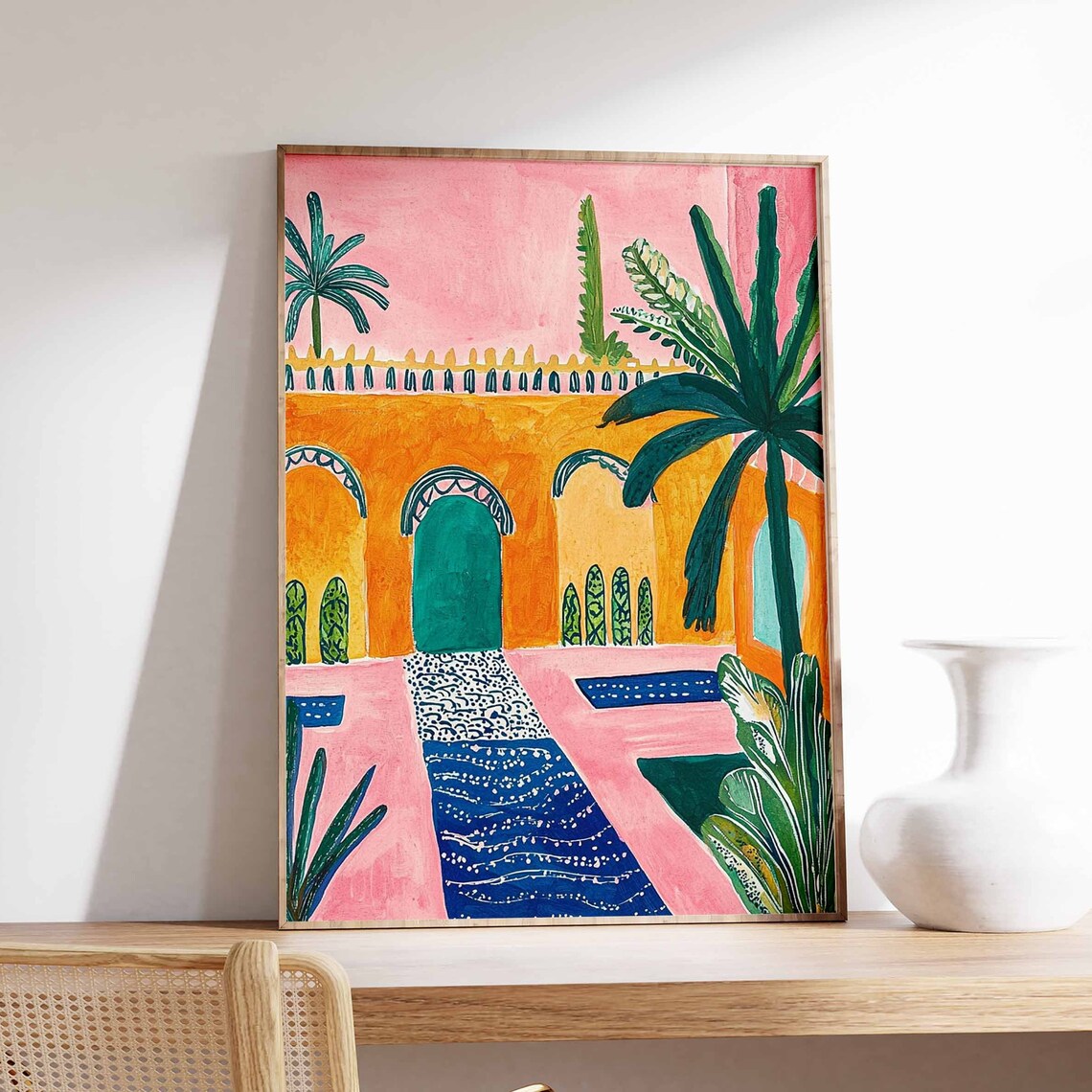 Orange Moroccan Building Arched Doorways Blue Mosaic Path Art Print