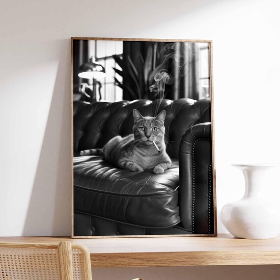 Smoking Cat with Curling Smoke Black White Surreal Cat Art Poster