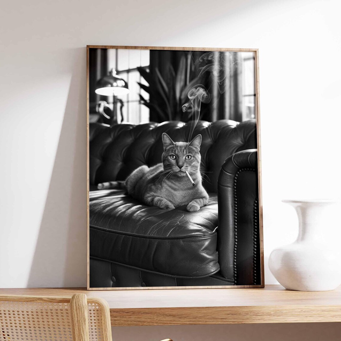 Smoking Cat with Curling Smoke Black White Surreal Cat Art Poster